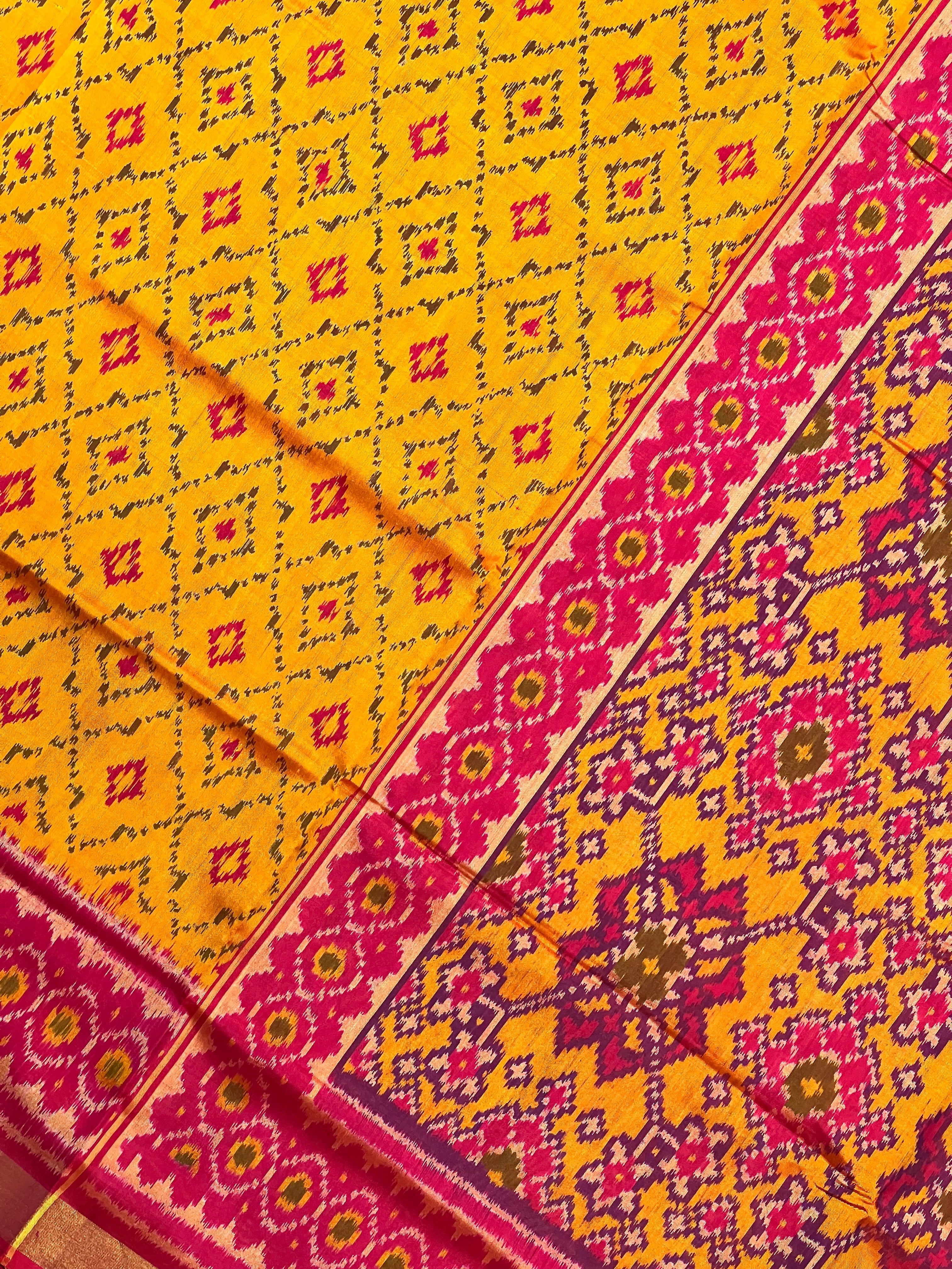 Mustard Orange Traditional Design Handwoven Patola Silk Saree