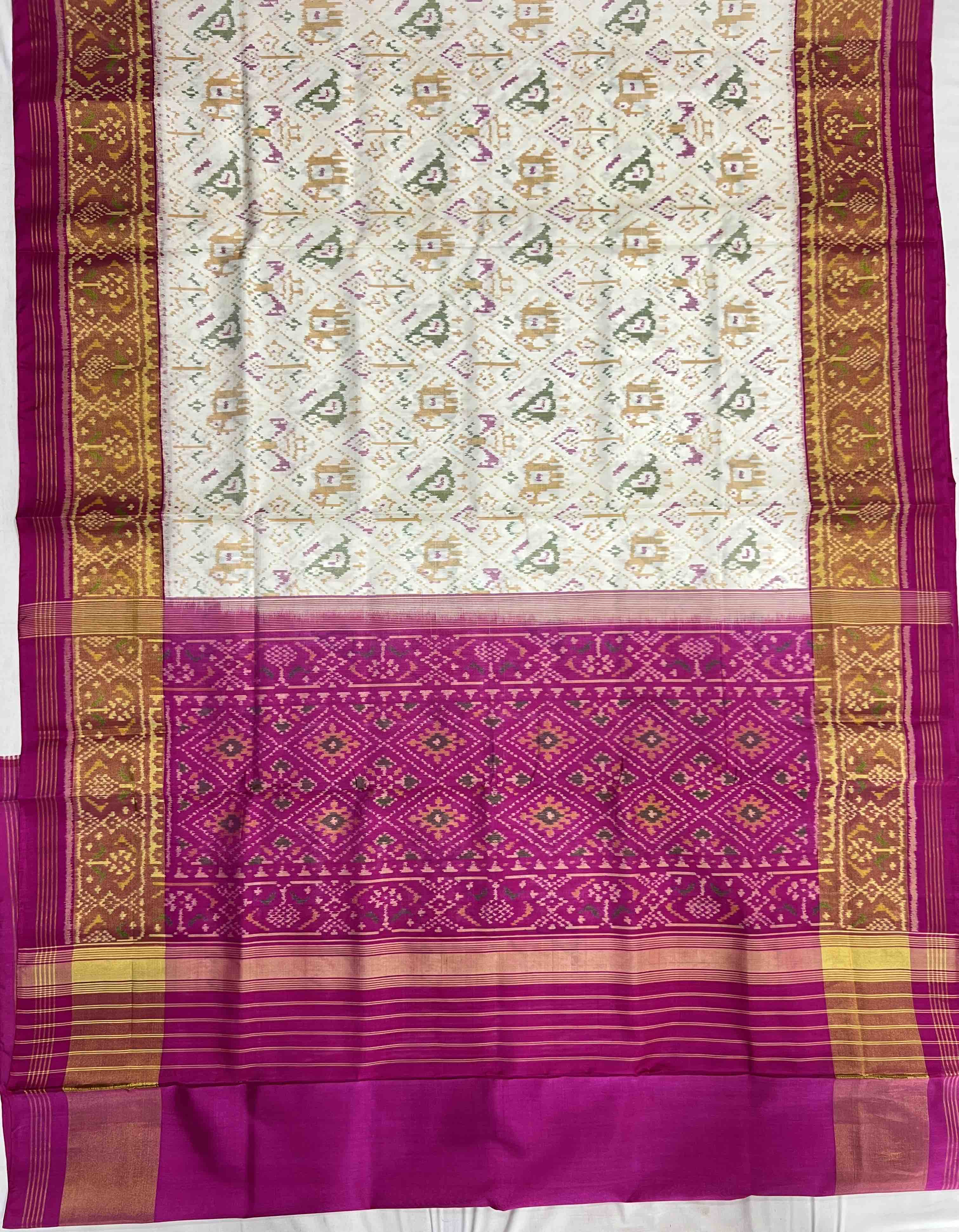 White Narikunj with Pink Pallu Traditional Design Handwoven Patola Silk Saree