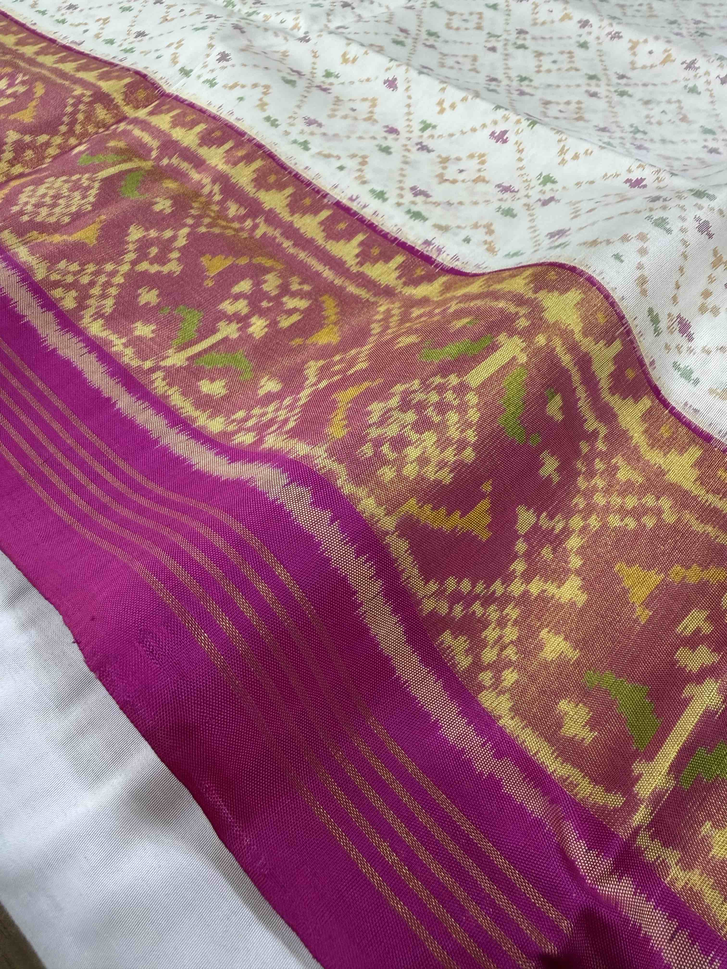 White and Pink Color Handwoven Patola Silk Saree