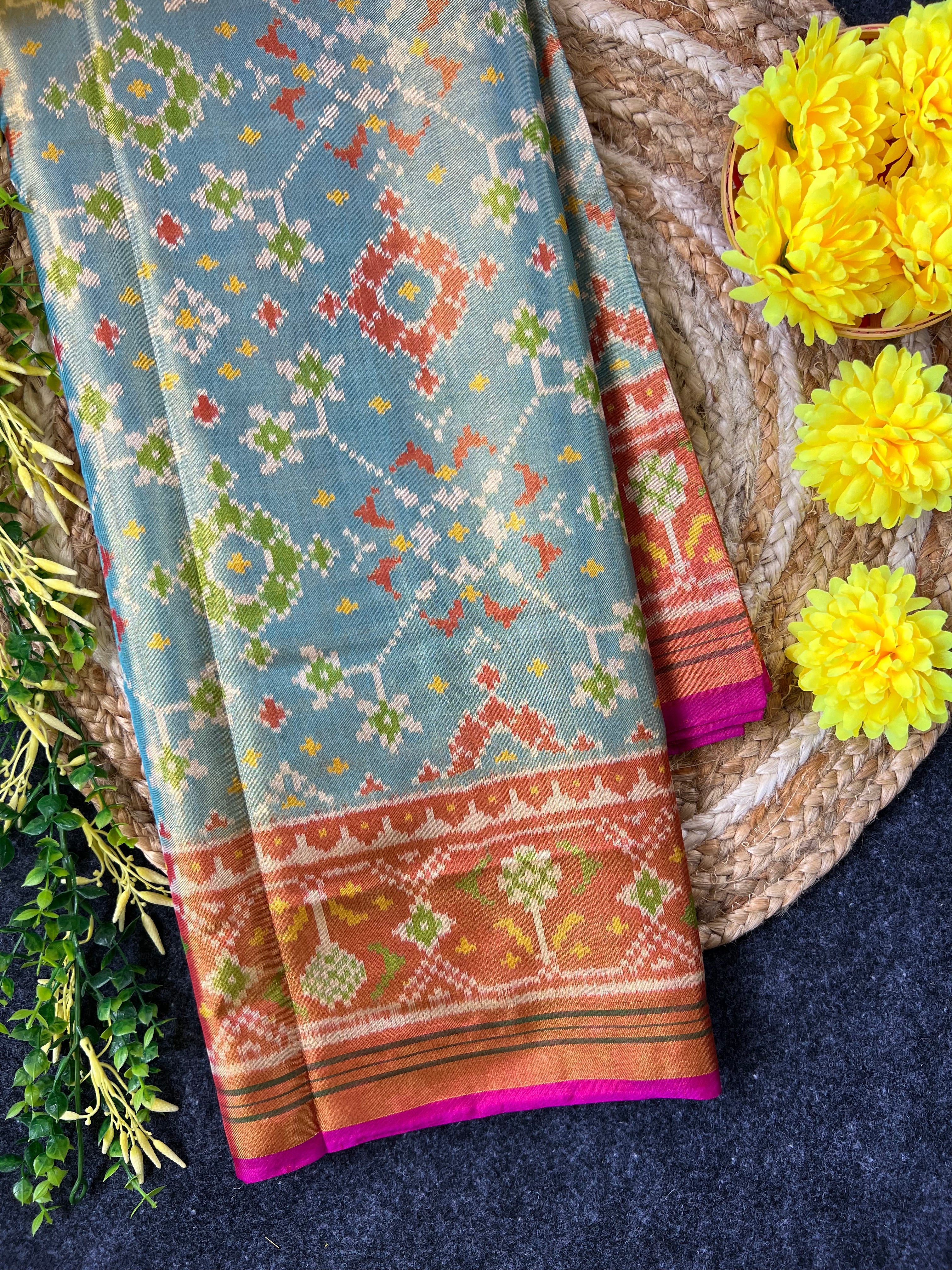 SkyBlue Navratna Design Tissue Double Zari Patola Saree Main image