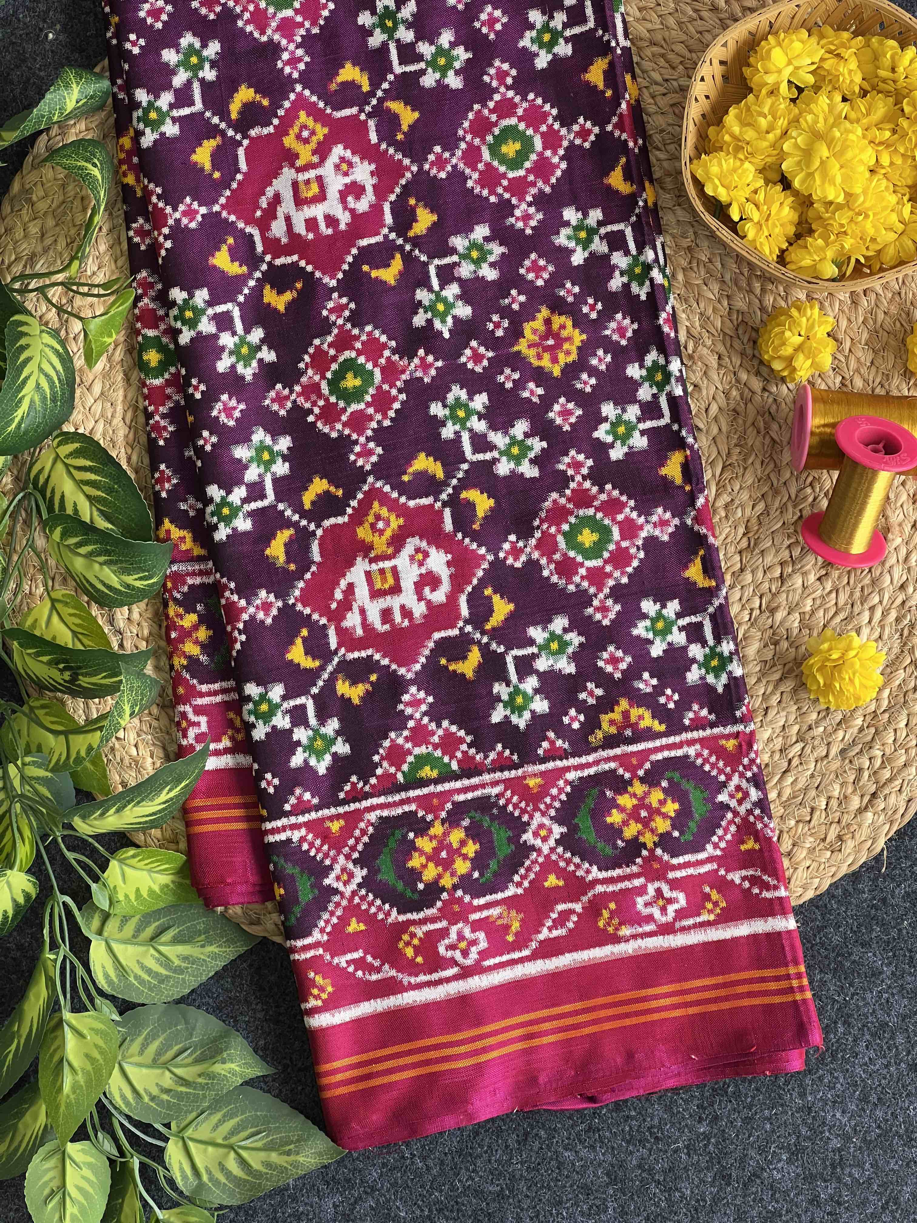 Navratna-Elephant Traditional Design Handwoven Double Ikat Patola Silk Saree Main image