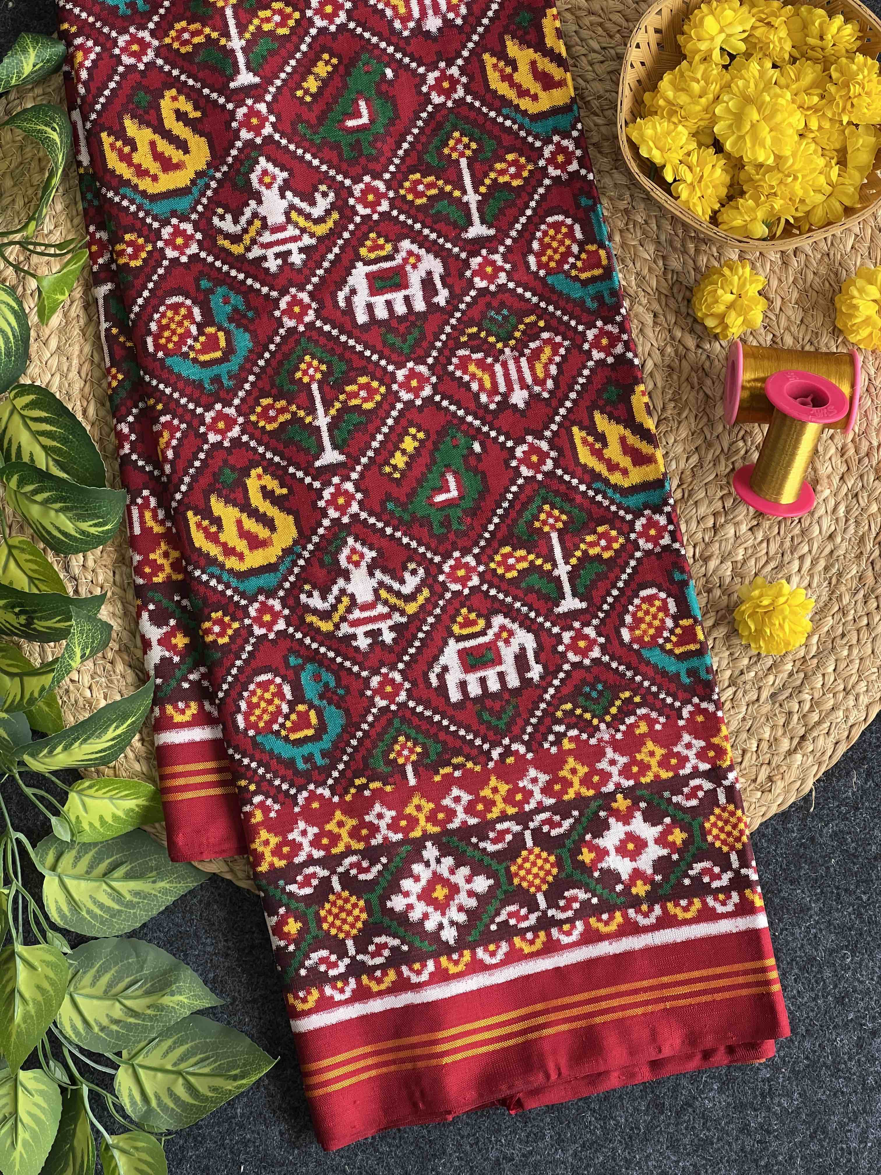 Navratna-Elephant Traditional Design Handwoven Double Ikat Patola Silk Saree Main image