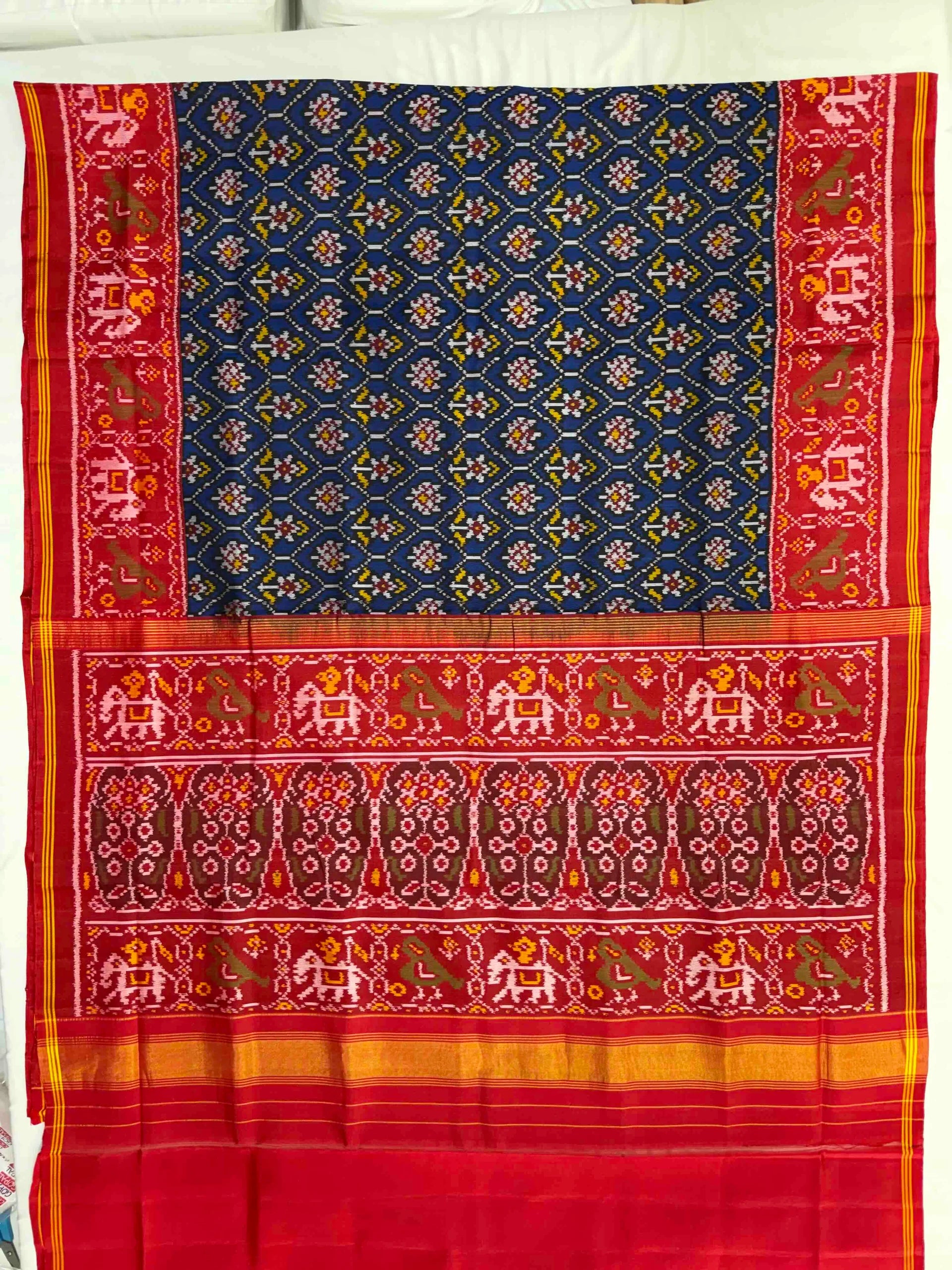 Blue and Red Flower Design Handwoven Patola Silk Saree
